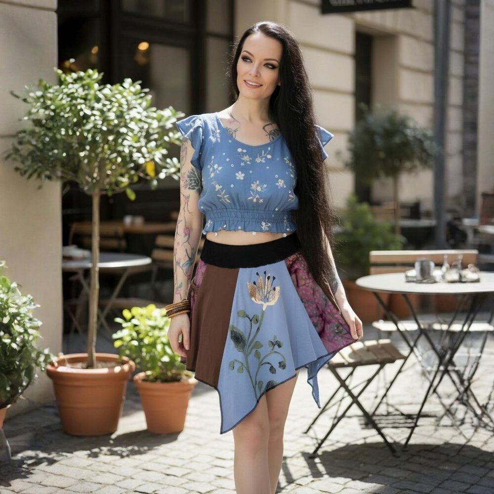 Handmade ✦ Floral Patchwork Handkerchief Mini Skirt ✦ Lace Waist Asymmetrical S - Picture 11 of 14